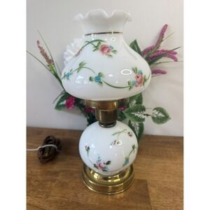 Vintage Hand Painted Milk Glass Hurricane Table Lamp Floral Brass Base MCM